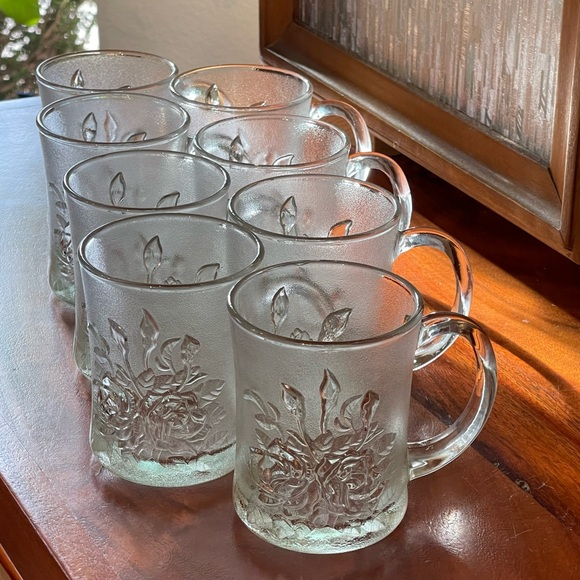 Vintage Livia Glass Rose Mugs by Pasari Crystal of Indonesia Set of 8 - Picture 1 of 6